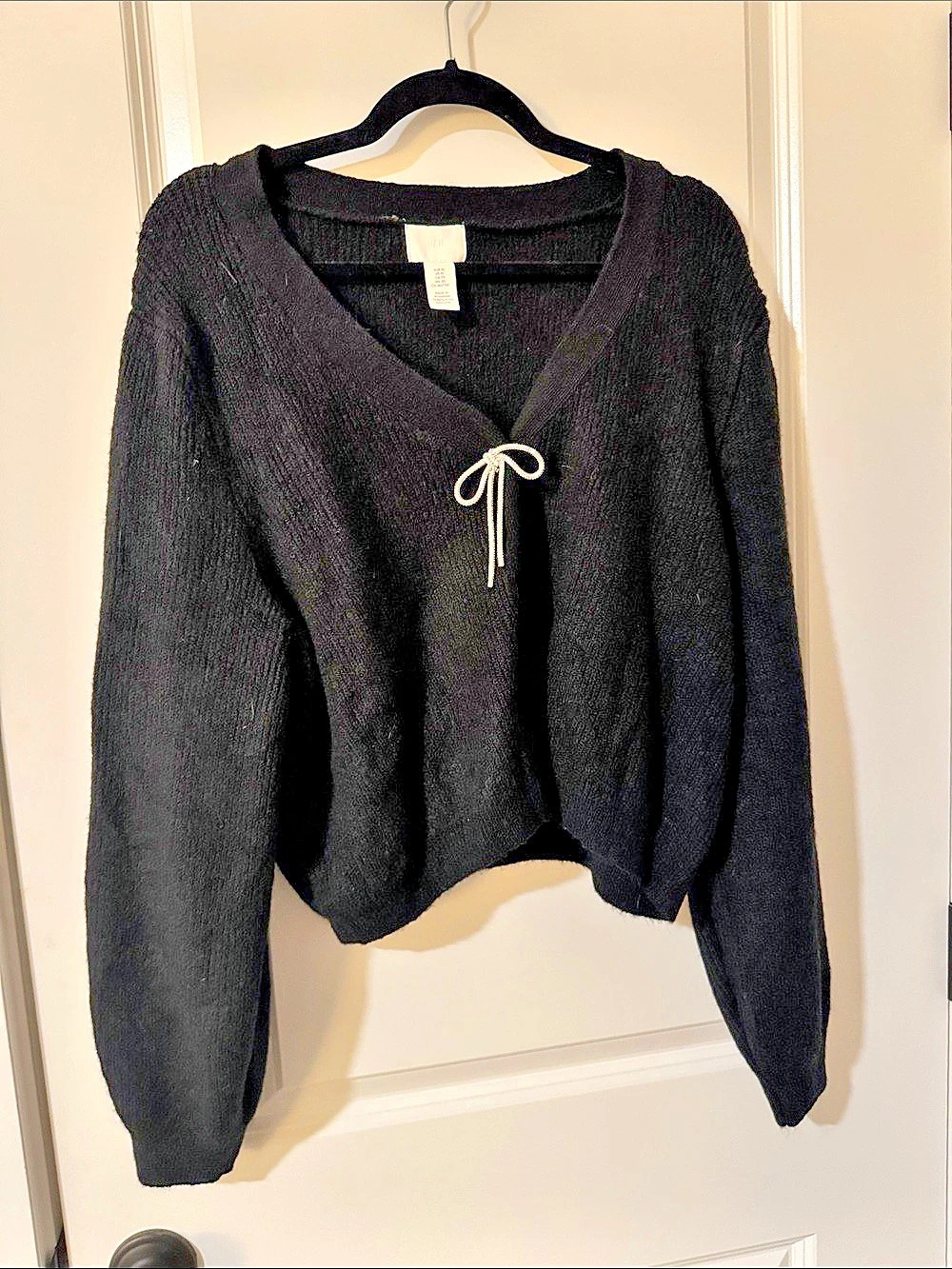 H&M Black V-Neck Rhinestone Bow Cardigan Sweater XL